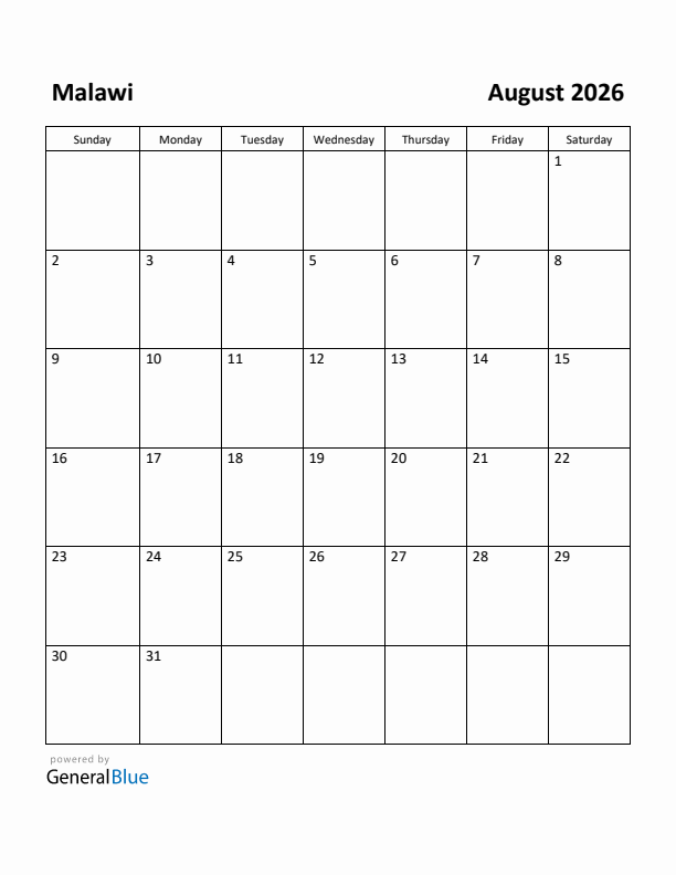 August 2026 Calendar with Malawi Holidays