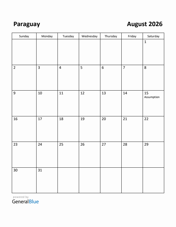 August 2026 Calendar with Paraguay Holidays