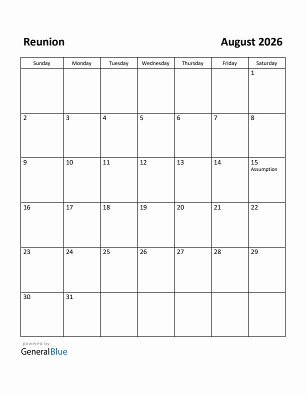 August 2026 Calendar with Reunion Holidays