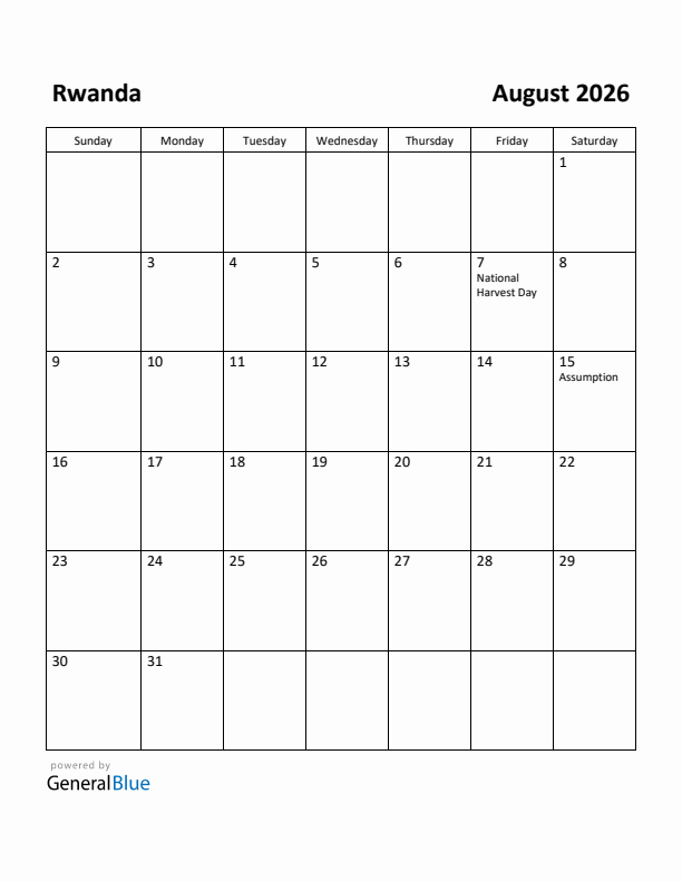 August 2026 Calendar with Rwanda Holidays