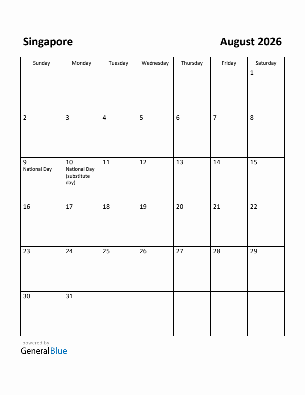 August 2026 Calendar with Singapore Holidays