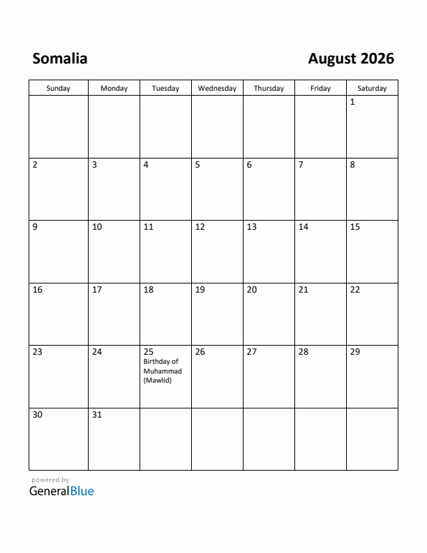 August 2026 Calendar with Somalia Holidays