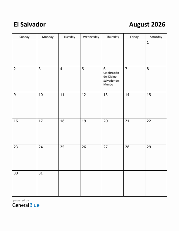 August 2026 Calendar with El Salvador Holidays