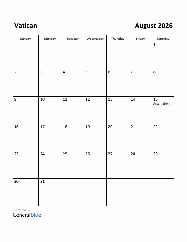 August 2026 Calendar with Vatican Holidays