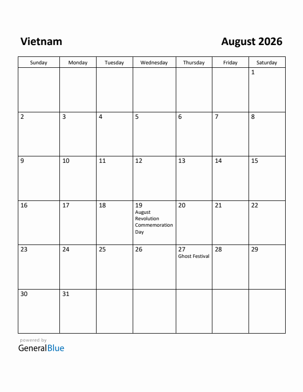 August 2026 Calendar with Vietnam Holidays