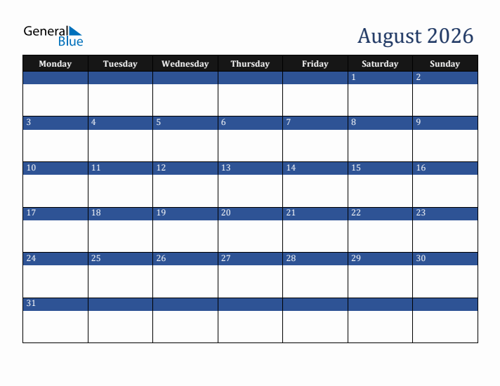 Monday Start Calendar for August 2026