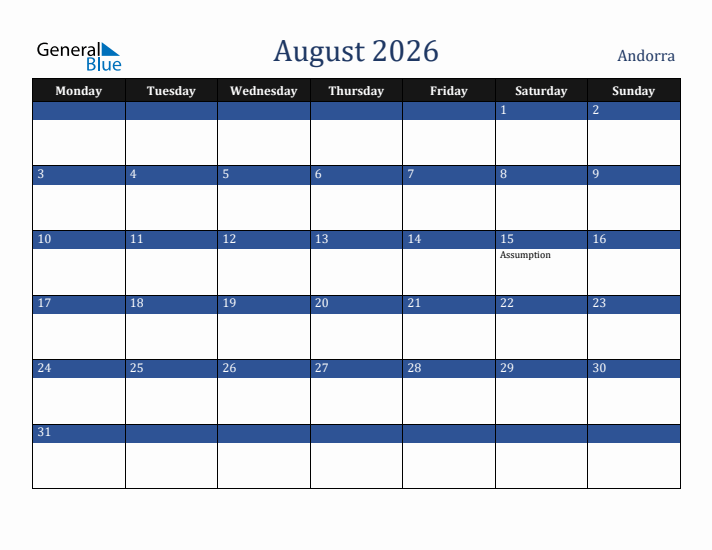 August 2026 Andorra Calendar (Monday Start)