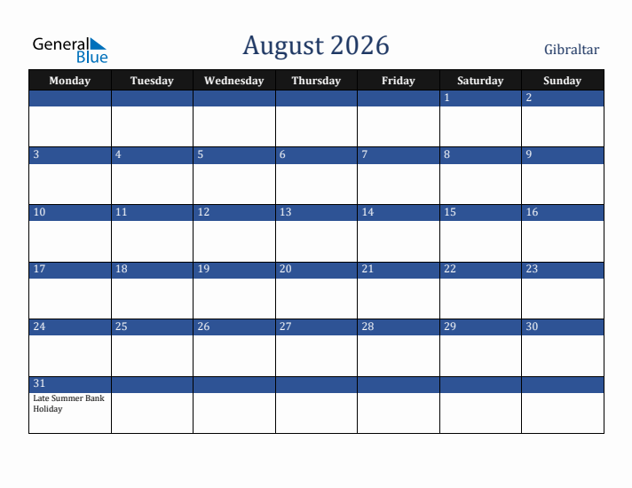 August 2026 Gibraltar Calendar (Monday Start)