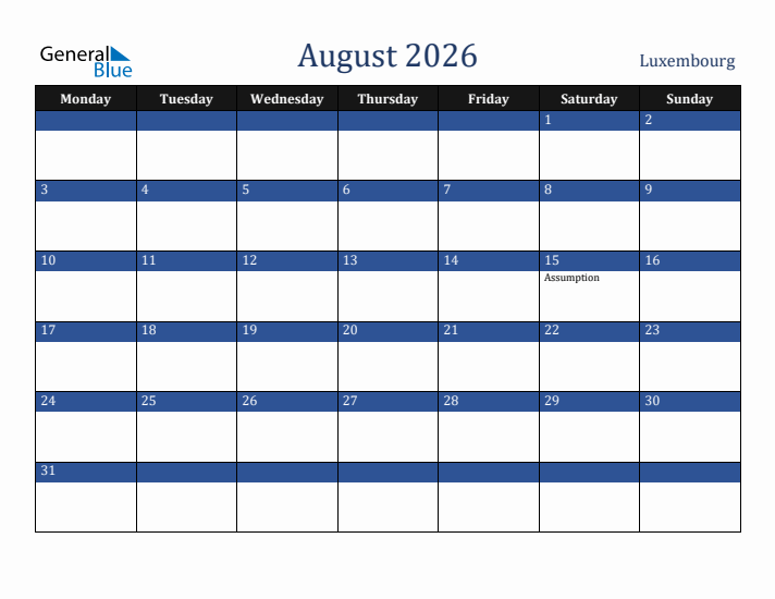 August 2026 Luxembourg Calendar (Monday Start)