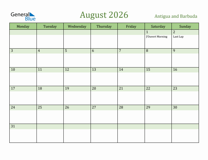 August 2026 Calendar with Antigua and Barbuda Holidays