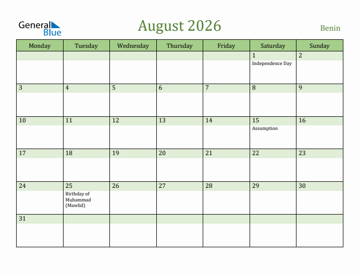 August 2026 Calendar with Benin Holidays