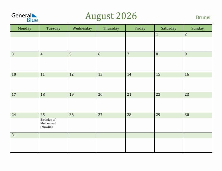 August 2026 Calendar with Brunei Holidays