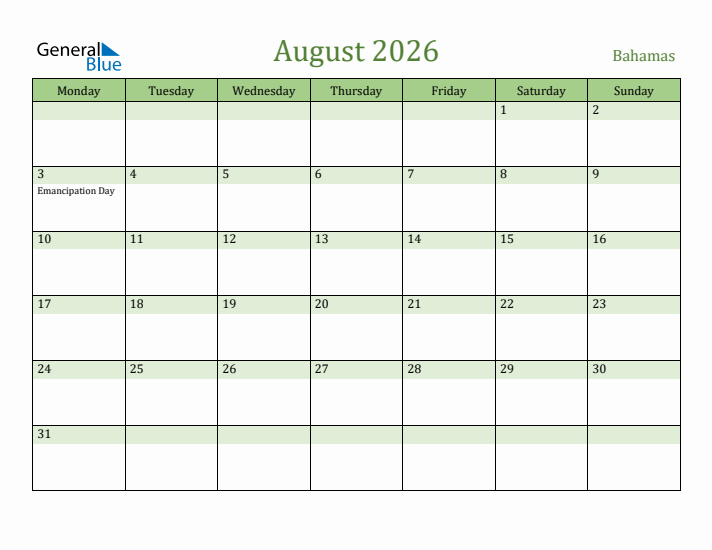 August 2026 Calendar with Bahamas Holidays