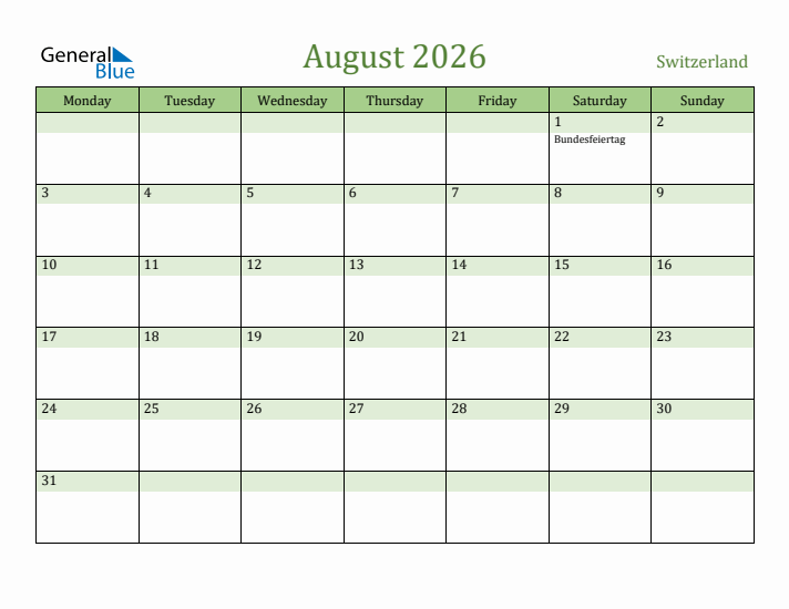 August 2026 Calendar with Switzerland Holidays