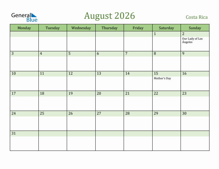 August 2026 Calendar with Costa Rica Holidays