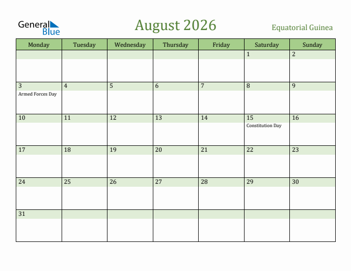 August 2026 Calendar with Equatorial Guinea Holidays