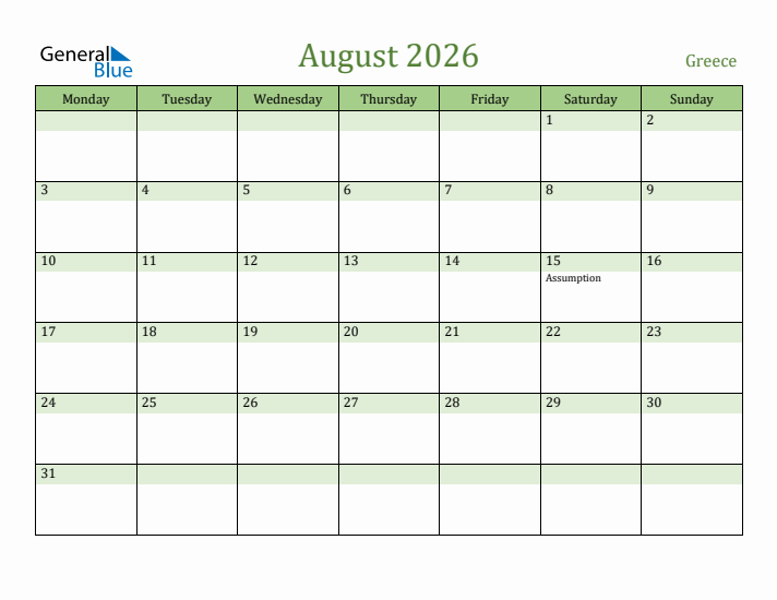 August 2026 Calendar with Greece Holidays