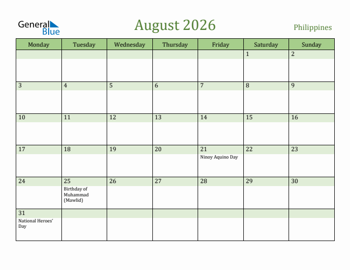 August 2026 Calendar with Philippines Holidays