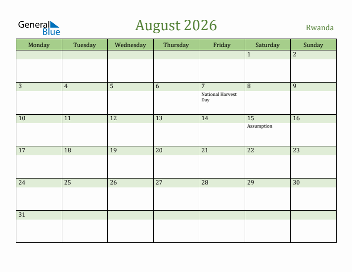 August 2026 Calendar with Rwanda Holidays