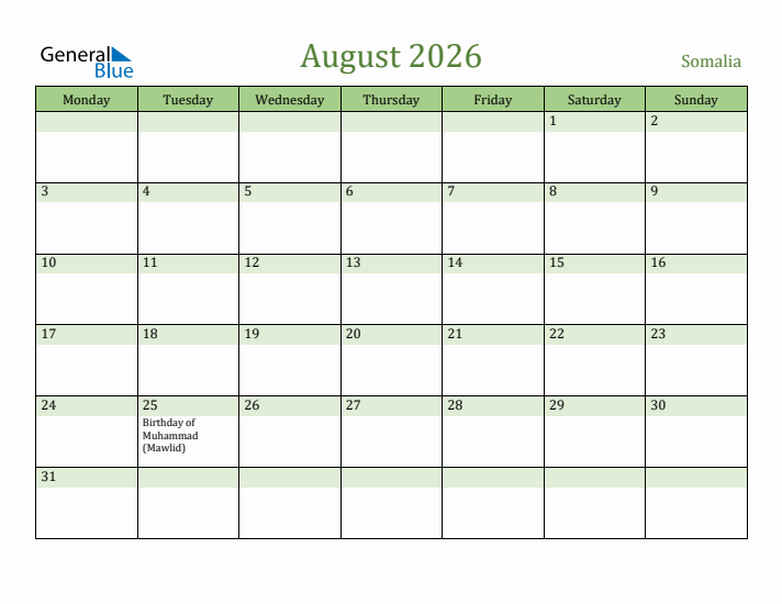 August 2026 Calendar with Somalia Holidays