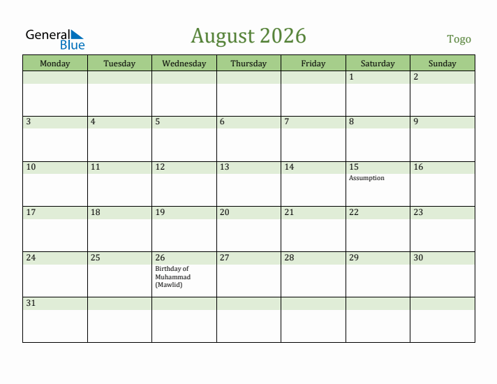 August 2026 Calendar with Togo Holidays