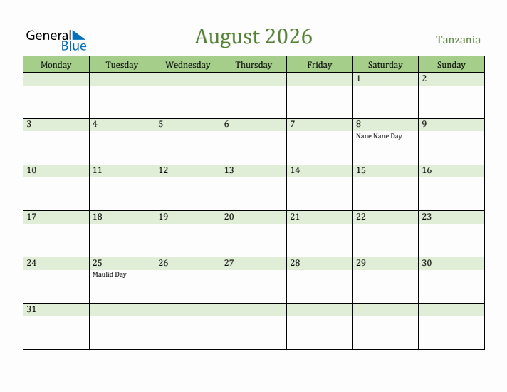 August 2026 Calendar with Tanzania Holidays