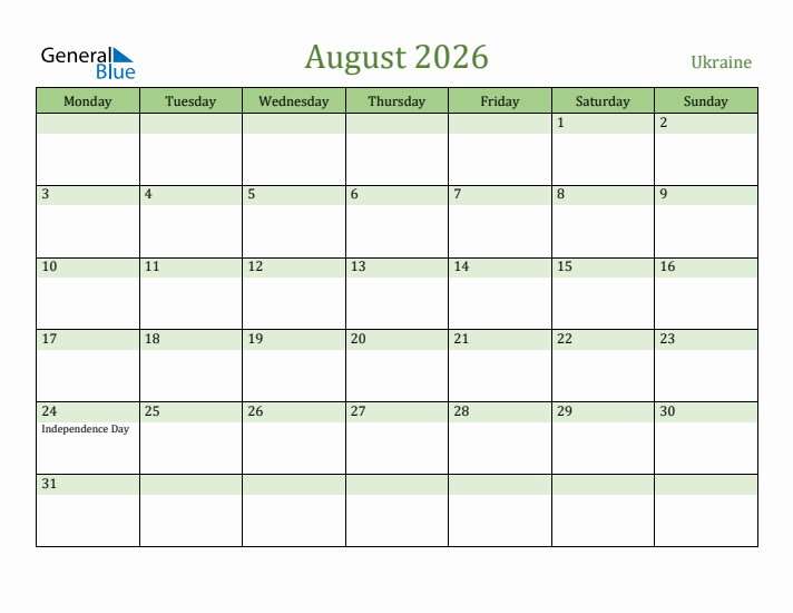 August 2026 Calendar with Ukraine Holidays