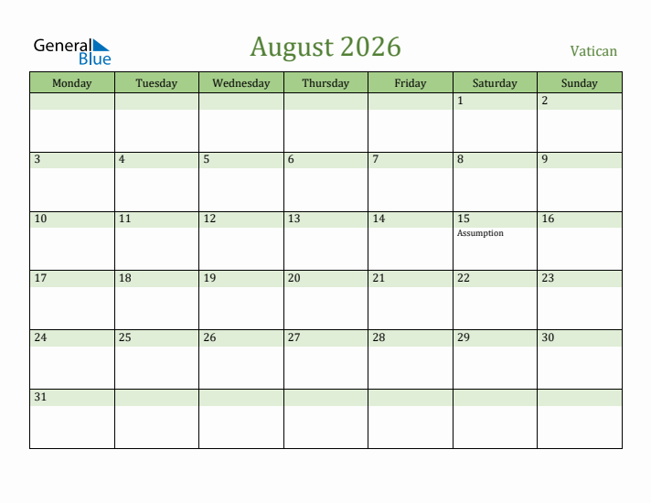 August 2026 Calendar with Vatican Holidays