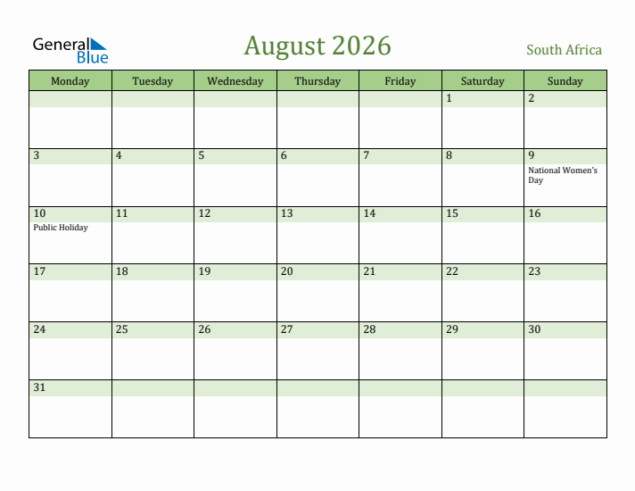 August 2026 Calendar with South Africa Holidays