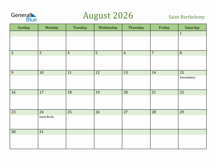 August 2026 Calendar with Saint Barthelemy Holidays