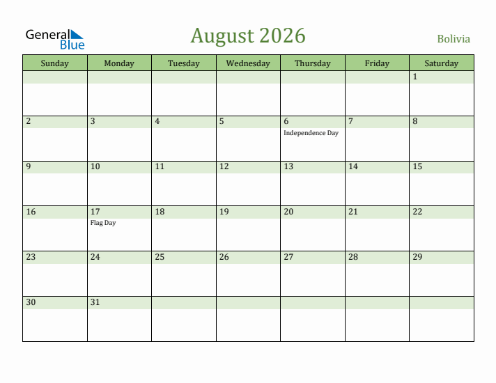 August 2026 Calendar with Bolivia Holidays