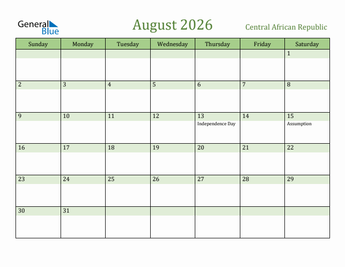 August 2026 Calendar with Central African Republic Holidays