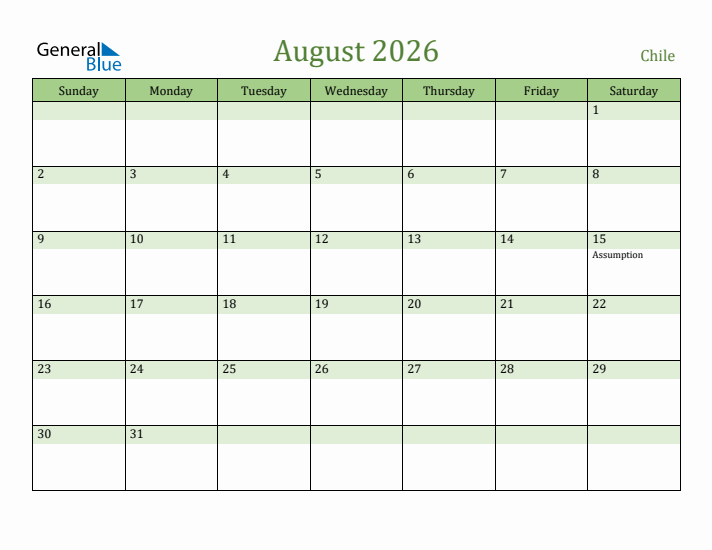 August 2026 Calendar with Chile Holidays