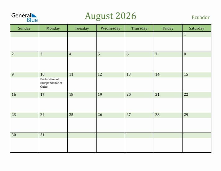 August 2026 Calendar with Ecuador Holidays