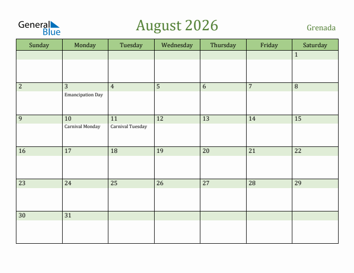 August 2026 Calendar with Grenada Holidays