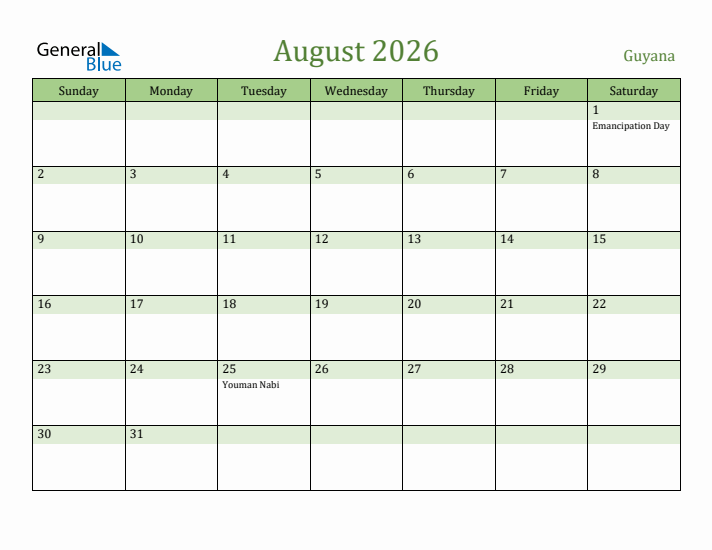 August 2026 Calendar with Guyana Holidays