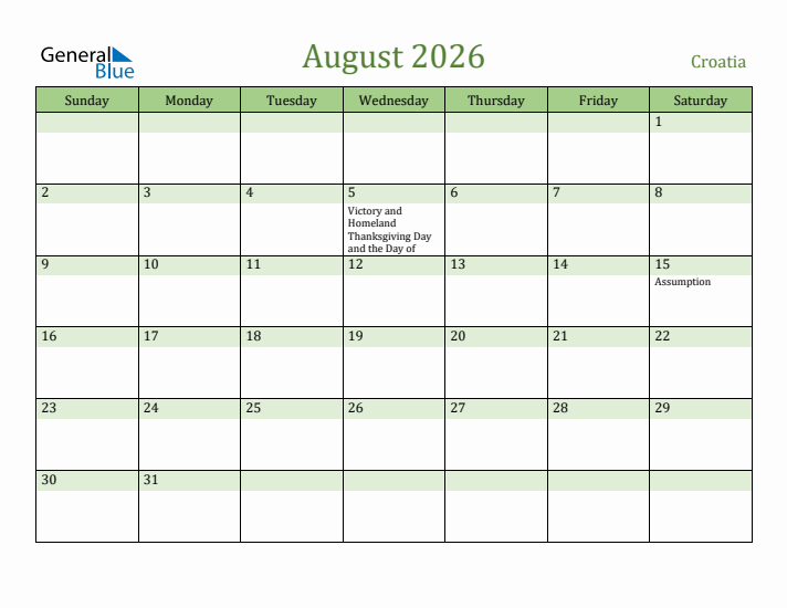 August 2026 Calendar with Croatia Holidays