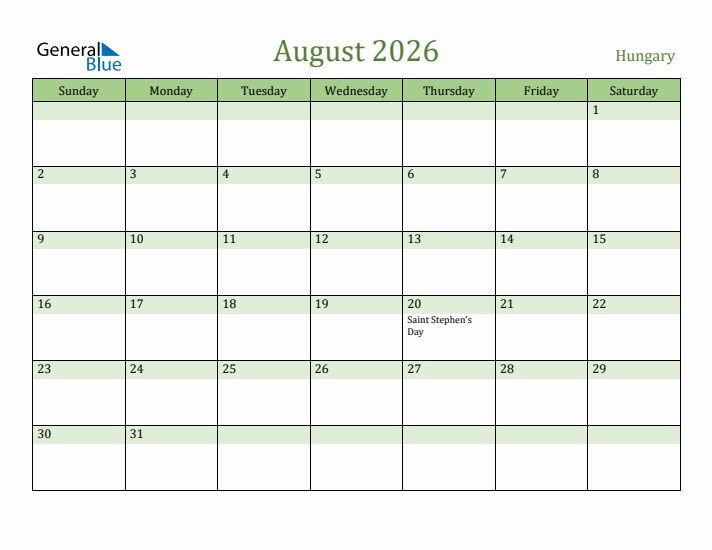 August 2026 Calendar with Hungary Holidays