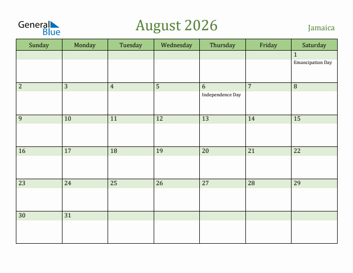 August 2026 Calendar with Jamaica Holidays