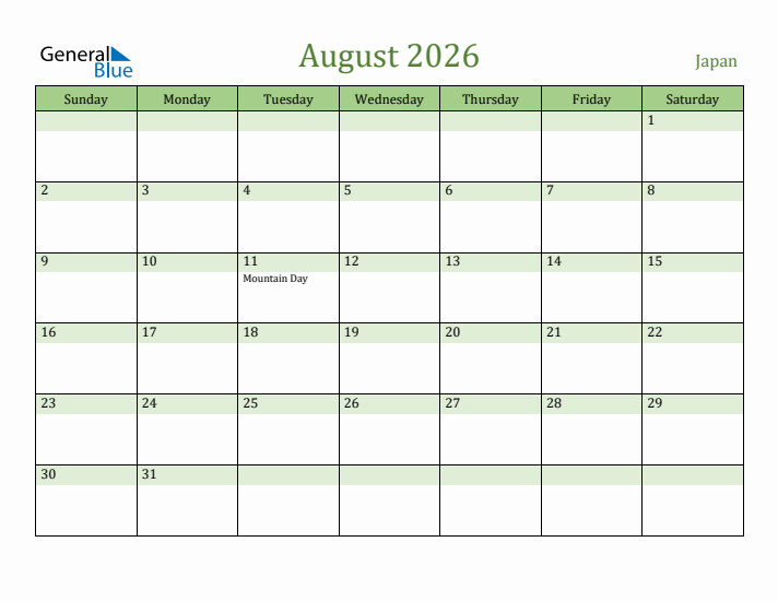 August 2026 Calendar with Japan Holidays