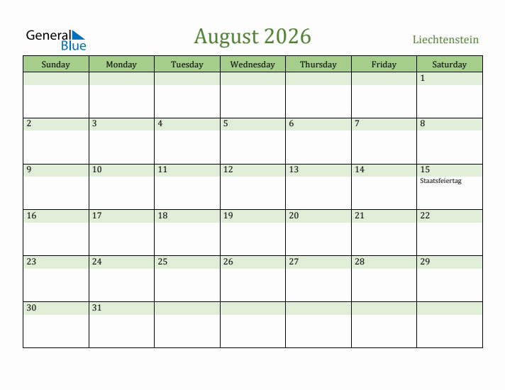 August 2026 Calendar with Liechtenstein Holidays