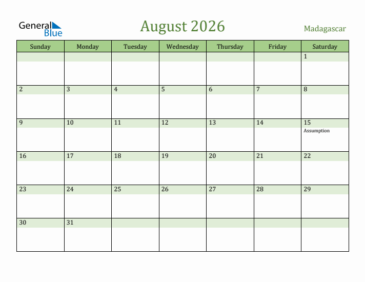 August 2026 Calendar with Madagascar Holidays