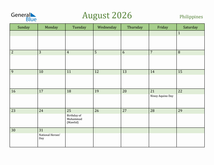 August 2026 Calendar with Philippines Holidays