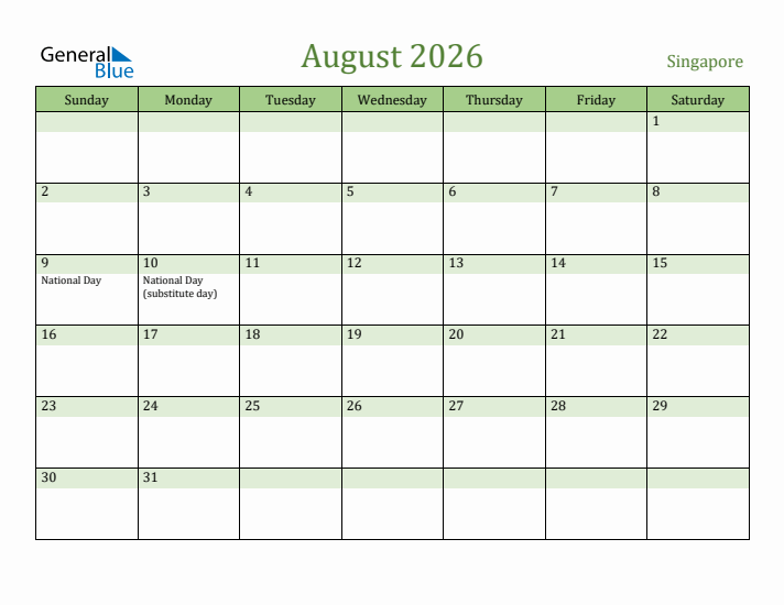 August 2026 Calendar with Singapore Holidays