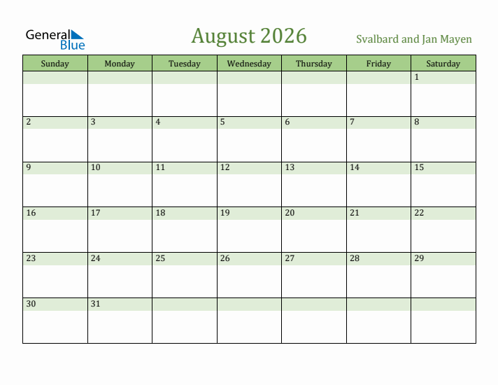 August 2026 Calendar with Svalbard and Jan Mayen Holidays