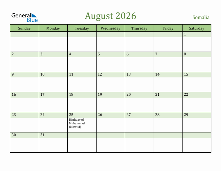 August 2026 Calendar with Somalia Holidays