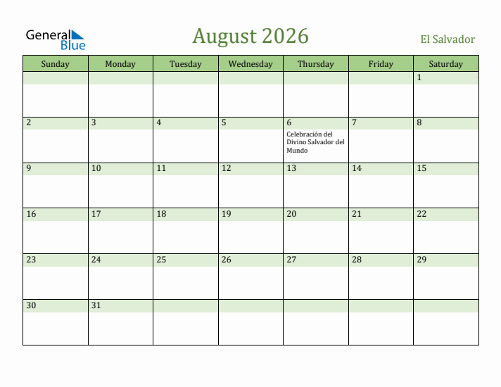 August 2026 Calendar with El Salvador Holidays