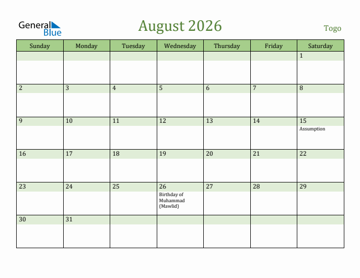 August 2026 Calendar with Togo Holidays