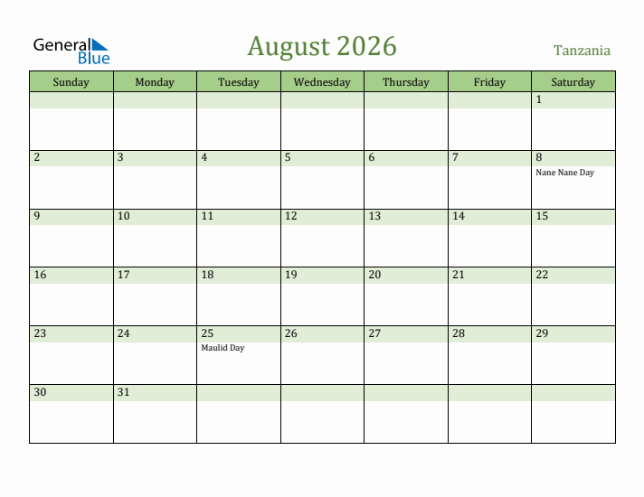 August 2026 Calendar with Tanzania Holidays