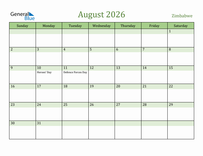 August 2026 Calendar with Zimbabwe Holidays